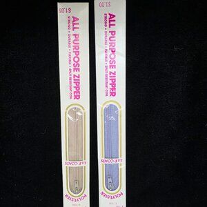 J&P Coats Polyester Zippers 7" Lilac & 14" Ecru Vintage NIB